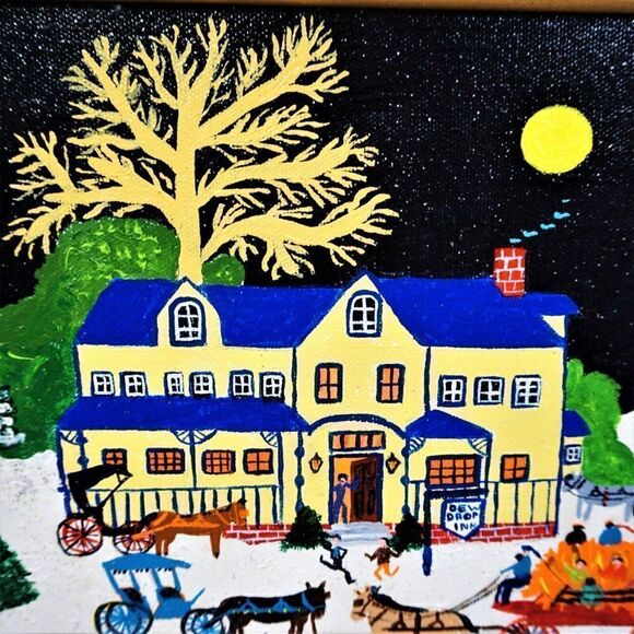 Folk Art Painting Naive Primitive Americana Vintage Art Naif Signed On Canvas - Picture 5 of 11